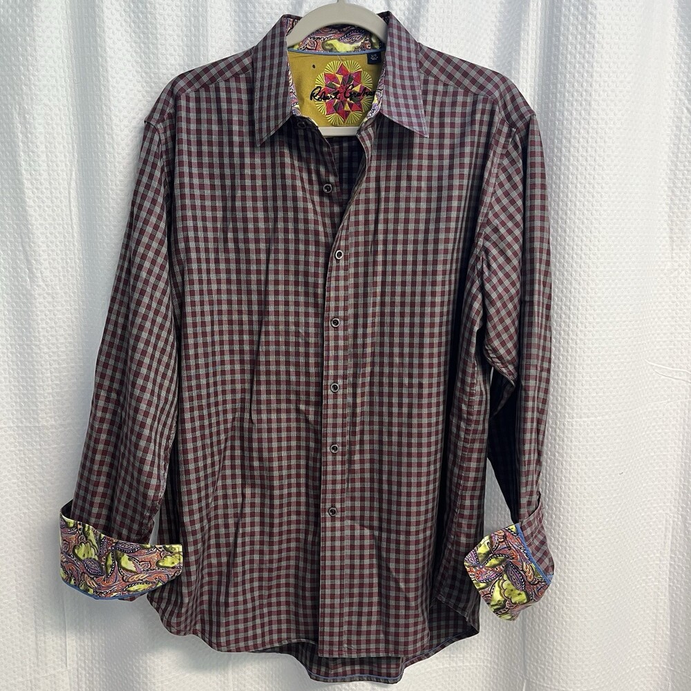 Robert Graham Red Check Abstract‎ Paisley Flip Cuff Hat Embroidered Shirt Large